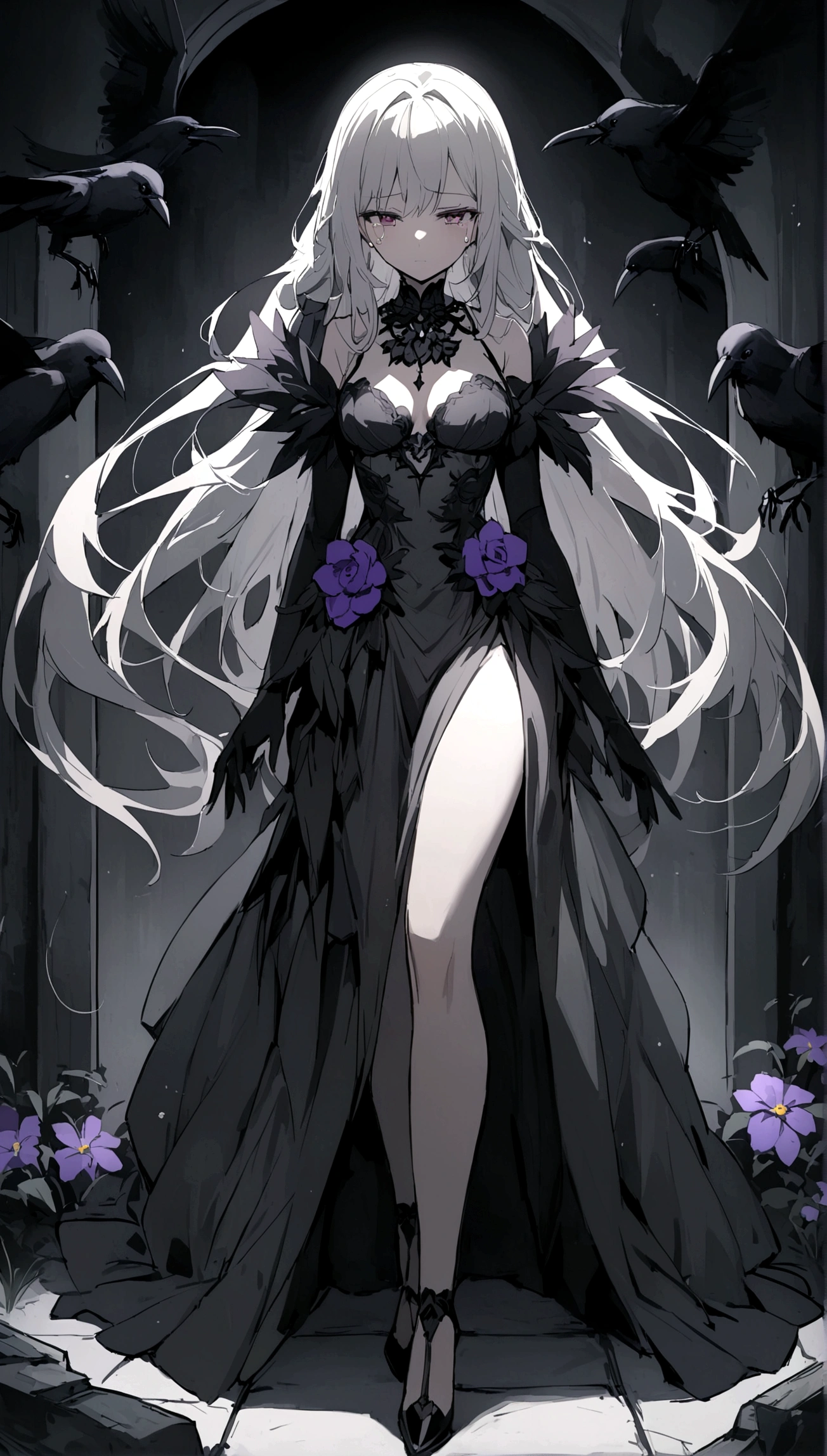 A beautiful anime-style girl with long hair and a purple flower、Face of Sadness、Tears、Sharp（B99、W55、H68）A beautiful girl with a glamorous body、A beautiful immoral girl in a provocative black and grey dress、Full Body Shot、Crow、Undead、chaoystery、graveyard of darkness。