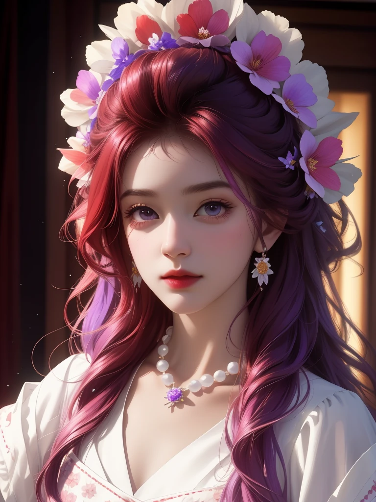 best quality, masterpiece, High target, There is a girl with a basket of flowers on her head, beautiful clothes, Hair Decorationss, necklace, Decorations, Pretty Face, When the body, Tyndall effect, Realistic Portraits, Edge lighting, Two-color light, (Very delicate skin:1.2), 8K uhd, Digital SLR Camera, Soft Light, high quality, Volumetric Lighting, Honest, photo, high resolution, 4K, 8K, Bokeh, Red Hair,purple hair ends,cartoon.