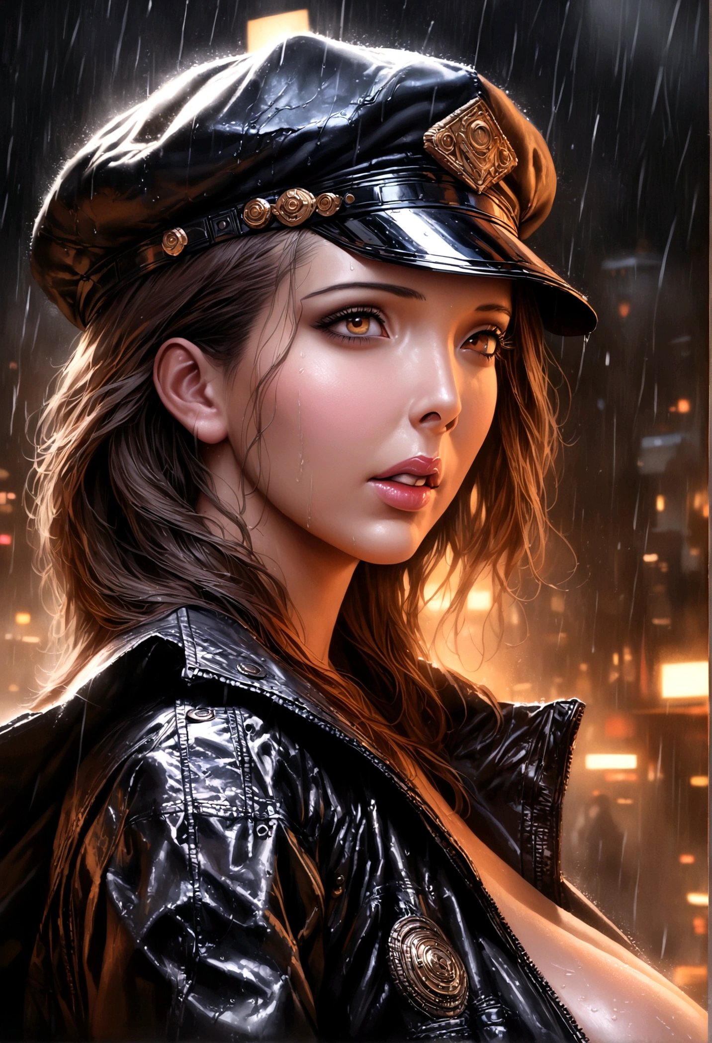 a female version of inspector gadget, cute sexy inspector 2 piece outfit, detective hat that has opened at the top and extended a robot arm holding an umbrella, downpour rain, new york, (best quality,4k,8k,highres,masterpiece:1.2),ultra-detailed,(realistic,photorealistic,photo-realistic:1.37),highly detailed,intricate details,hyper detailed,extremely detailed,extremely detailed face,beautiful detailed eyes,beautiful detailed lips,extremely detailed eyes and face,longeyelashes,cinematic lighting,dramatic lighting,dramatic rain effects,stormy sky,gloomy atmosphere,moody lighting,dark and gloomy,cyberpunk,science fiction,retrofuturistic,futuristic,high tech