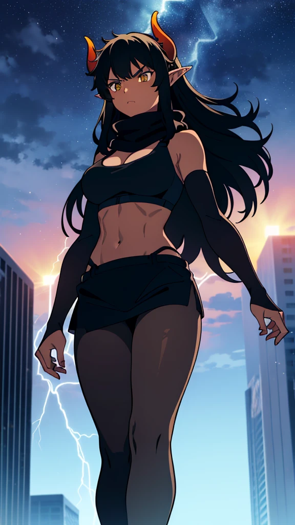 ((1girl,solo,mature female,tall)),big breasts,long hair, black hair,angry expression,horns,elf ears,black scarf,cleavage,(dark skin),((black sports bra, midriff)),(((pantyhoses))),(walking,night sky,night,thunder,lightnings,thunder clouds),from below,