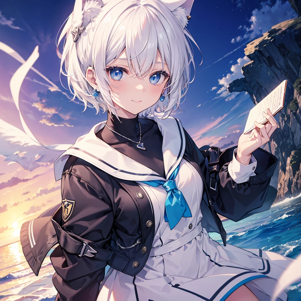 White Hair blue eyes short hair Have student Cat ear nice Blue Earrings necklace gloves beauty thin Sailor suit Put on a black coat Fantasy smile coastal sunset Fluffy hair