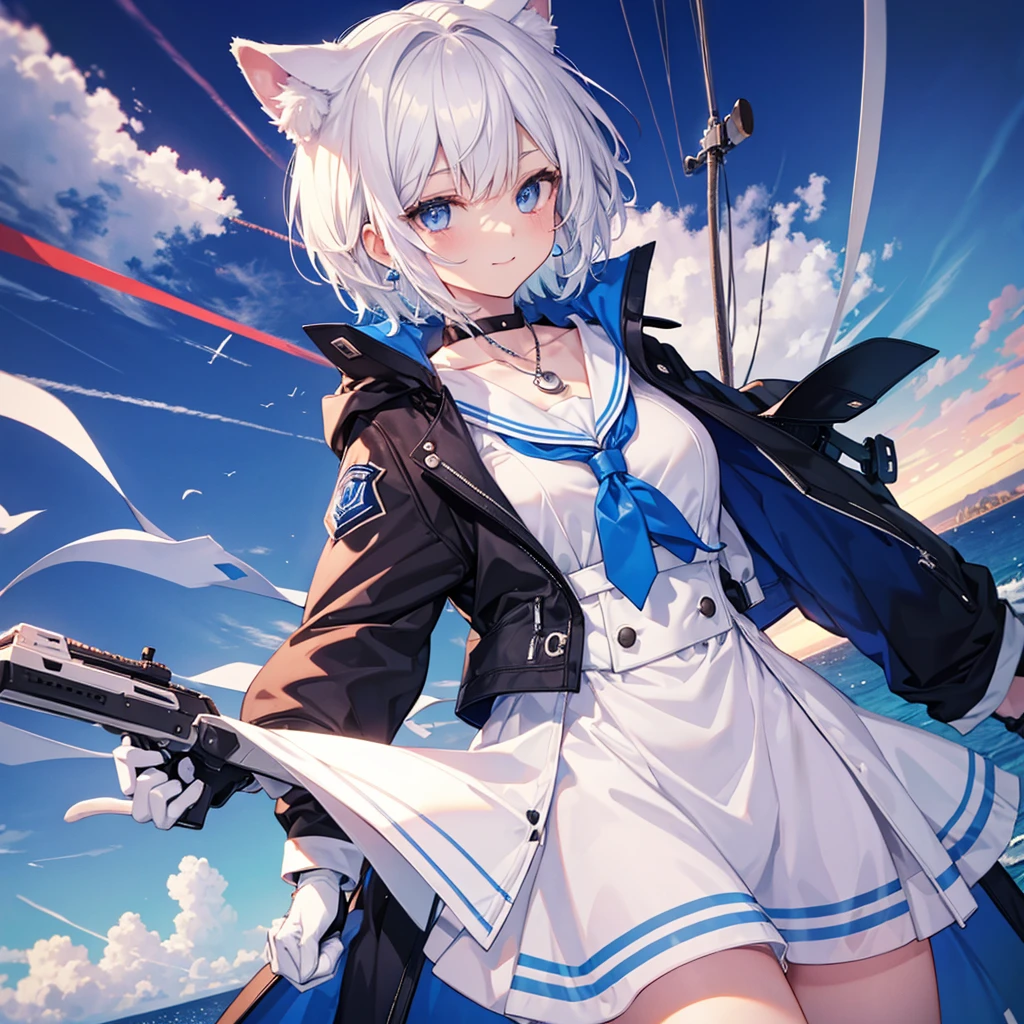 White Hair blue eyes short hair Have student Cat ear nice Blue Earrings necklace gloves beauty thin Sailor suit Put on a black coat Fantasy smile coastal sunset Fluffy hair