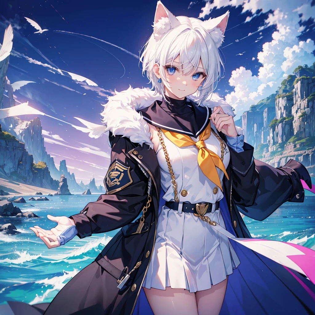 White Hair blue eyes short hair Have student Cat ear nice Blue Earrings necklace gloves beauty thin Sailor suit Put on a black coat Fantasy smile coastal sunset Fluffy hair