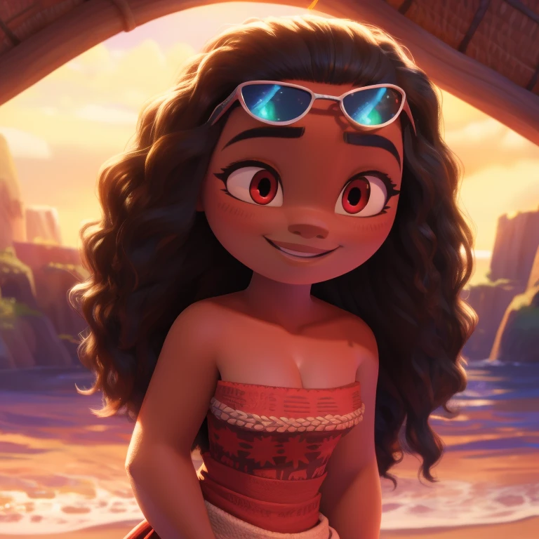 Moana, strapless tight dress, cleavage, curly hair, halo, sunglasses, jewelry, red eyes, longeyelashes, red eyes, smile, shy, blush, high detail, masterpiece, UHD, anatomically correct, super detail, highres, 4K