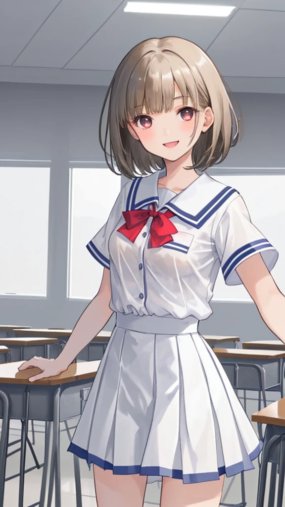 One female middle school student,Short-sleeved white sheer school uniform,Gray skirt,light brown short hair,Big ,Face red,Smile,Sunlight,Inside the classroom,Chest button fight,Expose