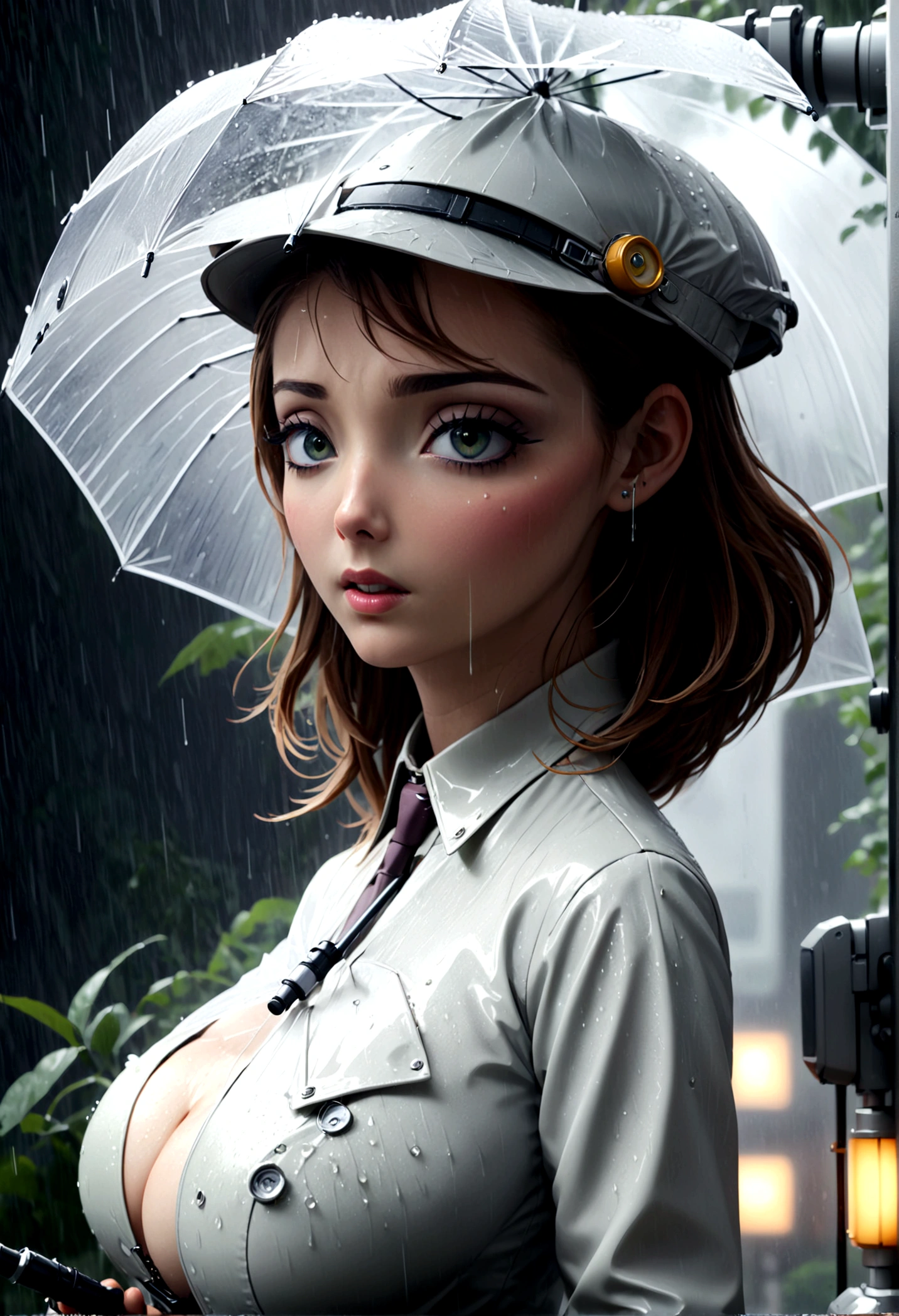 a female version of inspector gadget, cute sexy inspector 2 piece outfit, detective hat that has opened at the top and extended a robot arm holding an umbrella, downpour rain, new york, (best quality,4k,8k,highres,masterpiece:1.2),ultra-detailed,(realistic,photorealistic,photo-realistic:1.37),highly detailed,intricate details,hyper detailed,extremely detailed,extremely detailed face,beautiful detailed eyes,beautiful detailed lips,extremely detailed eyes and face,longeyelashes,cinematic lighting,dramatic lighting,dramatic rain effects,stormy sky,gloomy atmosphere,moody lighting,dark and gloomy,cyberpunk,science fiction,retrofuturistic,futuristic,high tech