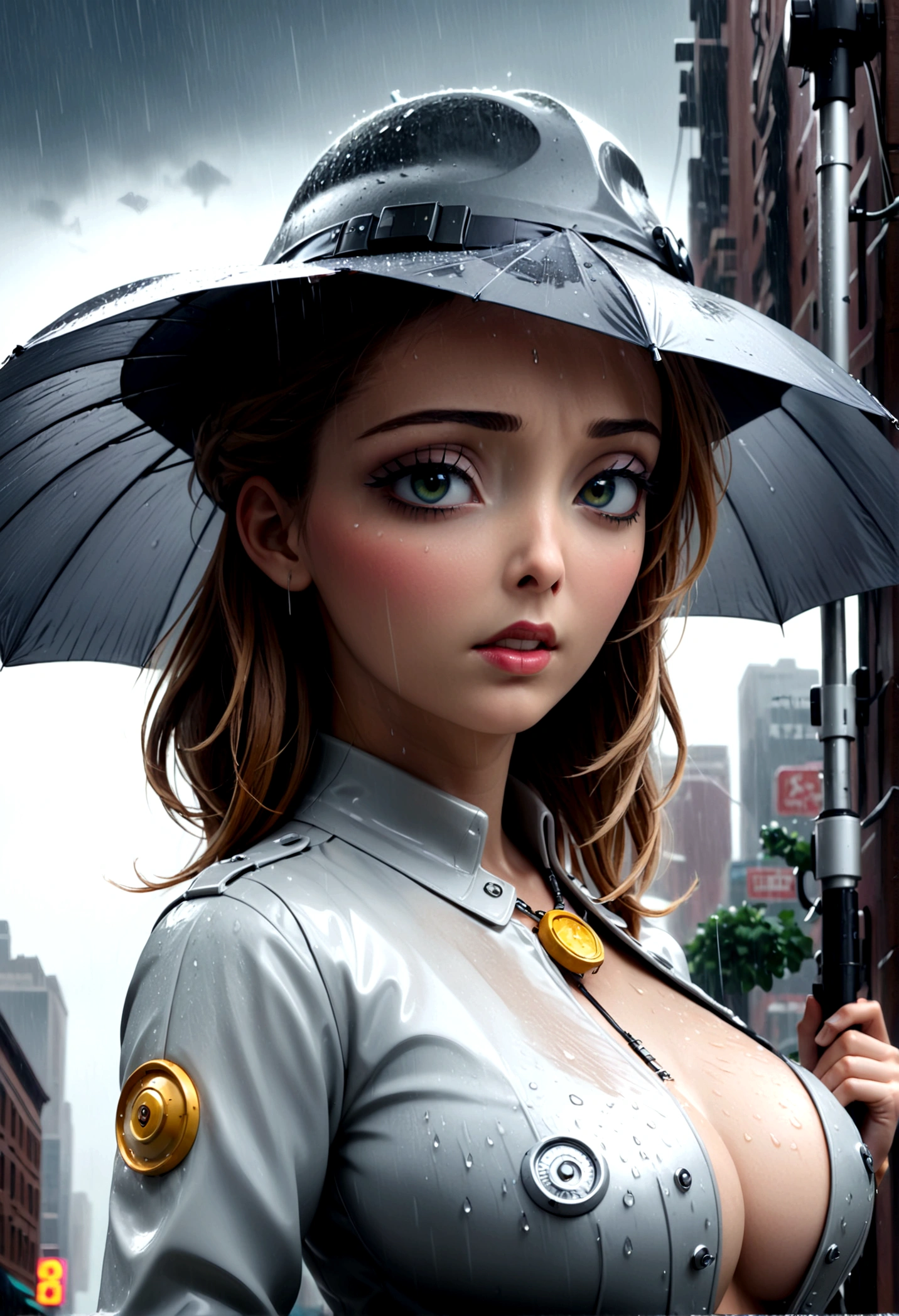 a female version of inspector gadget, cute sexy inspector 2 piece outfit, detective hat that has opened at the top and extended a robot arm holding an umbrella, downpour rain, new york, (best quality,4k,8k,highres,masterpiece:1.2),ultra-detailed,(realistic,photorealistic,photo-realistic:1.37),highly detailed,intricate details,hyper detailed,extremely detailed,extremely detailed face,beautiful detailed eyes,beautiful detailed lips,extremely detailed eyes and face,longeyelashes,cinematic lighting,dramatic lighting,dramatic rain effects,stormy sky,gloomy atmosphere,moody lighting,dark and gloomy,cyberpunk,science fiction,retrofuturistic,futuristic,high tech