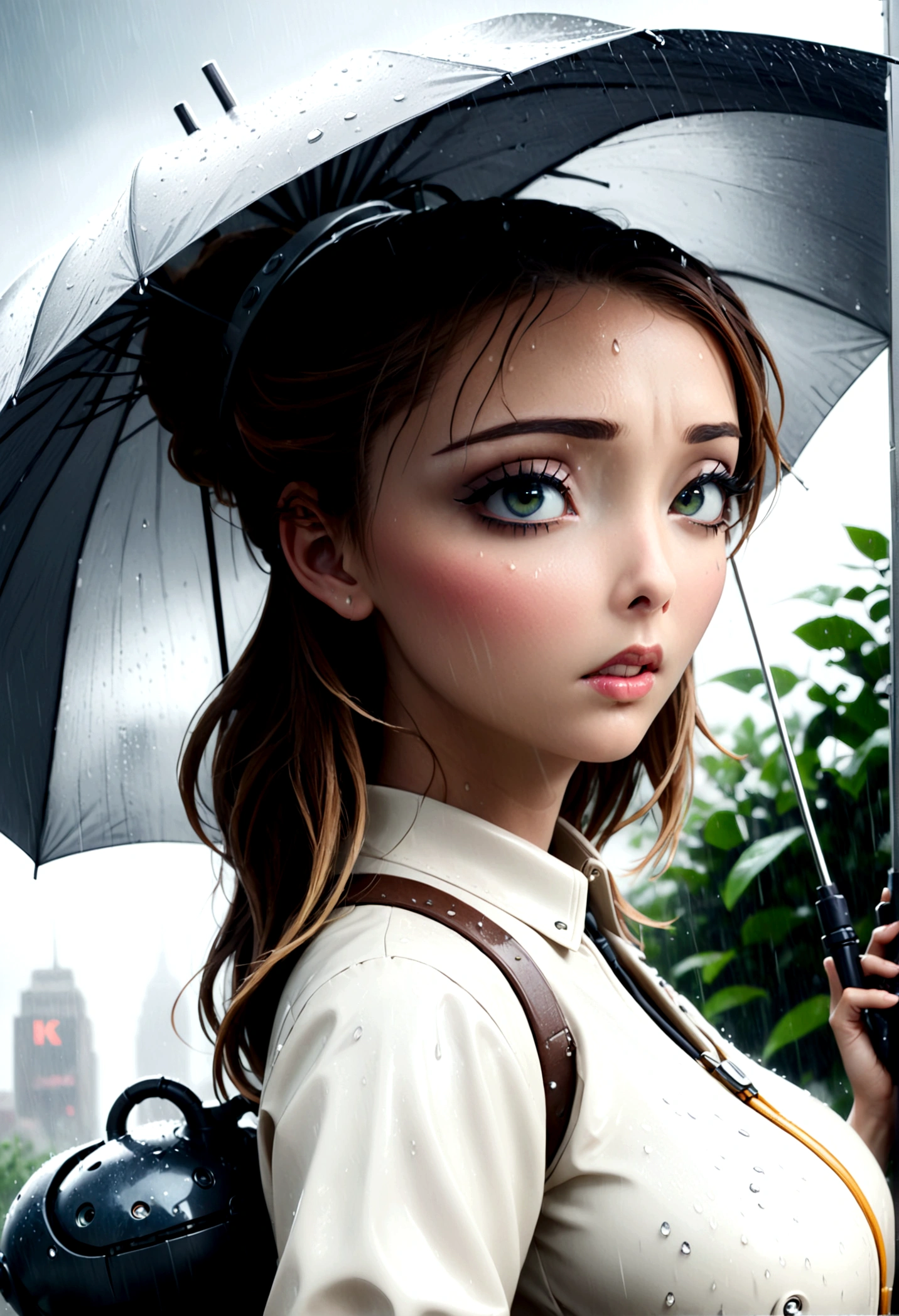 a female version of inspector gadget, cute ???? inspector 2 piece outfit, detective hat that has opened at the top and extended a robot arm holding an umbrella, downpour rain, new york, (best quality,4k,8k,highres,masterpiece:1.2),ultra-detailed,(realistic,photorealistic,photo-realistic:1.37),highly detailed,intricate details,hyper detailed,extremely detailed,extremely detailed face,beautiful detailed eyes,beautiful detailed lips,extremely detailed eyes and face,longeyelashes,cinematic lighting,dramatic lighting,dramatic rain effects,stormy sky,gloomy atmosphere,moody lighting,dark and gloomy,cyberpunk,science fiction,retrofuturistic,futuristic,high tech
