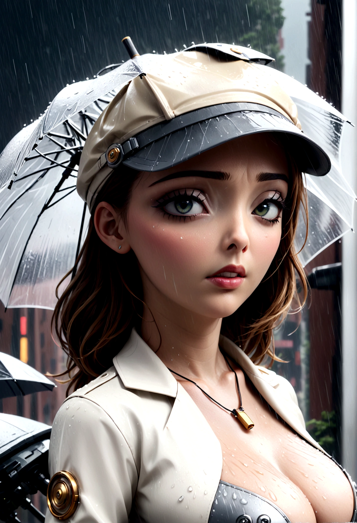 a female version of inspector gadget, cute sexy inspector 2 piece outfit, detective hat that has opened at the top and extended a robot arm holding an umbrella, downpour rain, new york, (best quality,4k,8k,highres,masterpiece:1.2),ultra-detailed,(realistic,photorealistic,photo-realistic:1.37),highly detailed,intricate details,hyper detailed,extremely detailed,extremely detailed face,beautiful detailed eyes,beautiful detailed lips,extremely detailed eyes and face,longeyelashes,cinematic lighting,dramatic lighting,dramatic rain effects,stormy sky,gloomy atmosphere,moody lighting,dark and gloomy,cyberpunk,science fiction,retrofuturistic,futuristic,high tech (show her entire body, show all of her, show her head to toe, full body shown)
