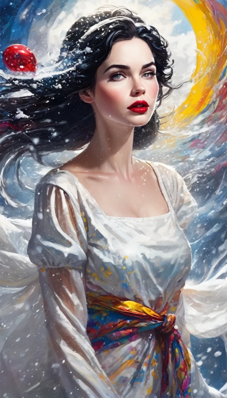 Eclipse of beautiful attractive snow white lady, flowing weather, lovely day, , perfect composition, breathtaking illustration, , , deep details, colorful knots,, reflections, colored cotton , shallow painting splashes, text "Fear"