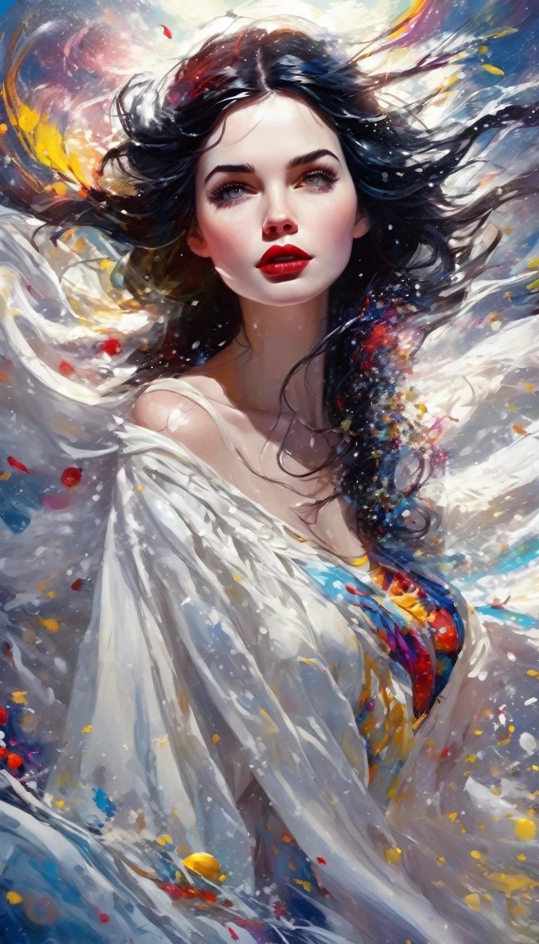 Eclipse of beautiful attractive snow white lady, flowing weather, lovely day, , perfect composition, breathtaking illustration, , , deep details, colorful knots,, reflections, colored cotton , shallow painting splashes, text "Fear"