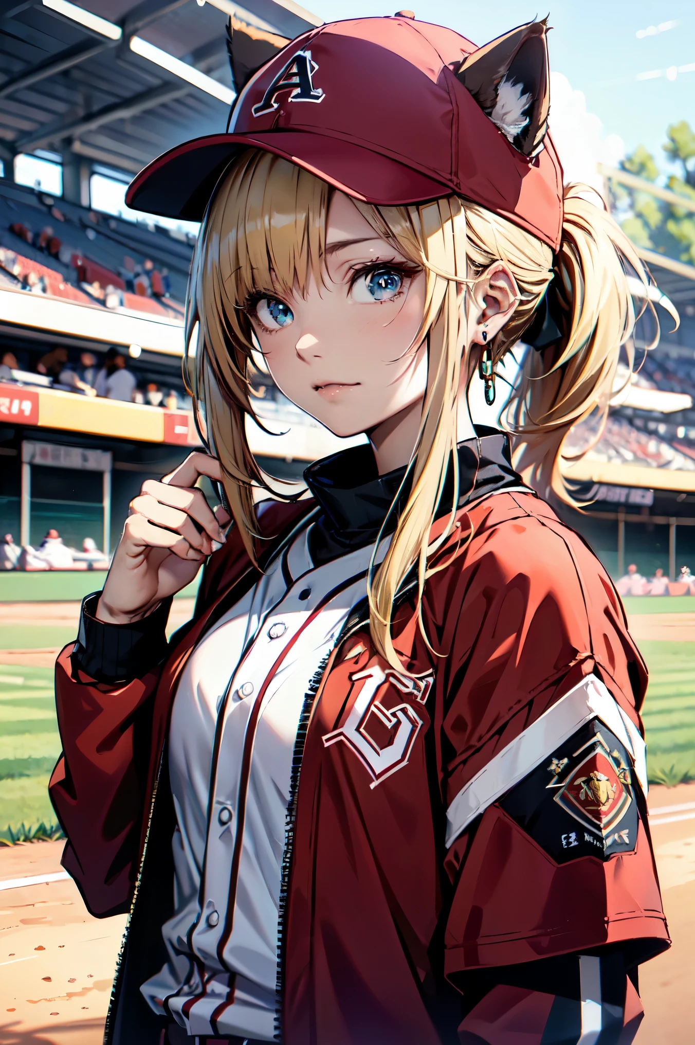 ((At the baseball field with the cat)),((Cat ears)), ((Sleeveless)),((Wine Red Baseball Cap)),((Wearing a wine red baseball uniform))、((Red jacket))、 Blonde Hair, 短めponytail, (Blonde Hair, short,ponytail), Pale blue eyes,Closed Mouth、Hoop Earrings, Jewelry,(Best Quality, 8k, Oil painting, Mastepiece:1.2), Super detailed, (Realism, It&#39;s photorealistic:1.37), (((Bust Shot))),