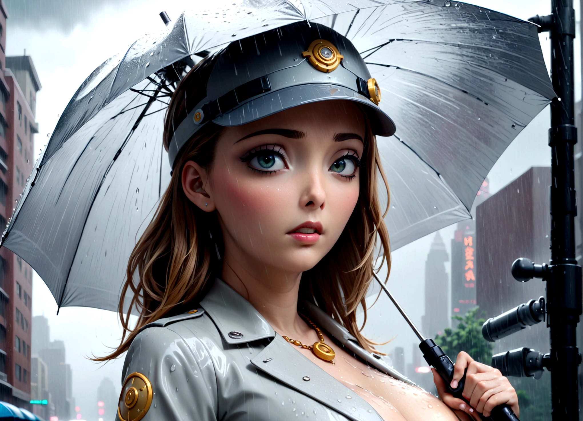 a female version of inspector gadget, cute sexy inspector 2 piece outfit, detective hat that has opened at the top and extended a robot arm holding an umbrella, downpour rain, new york, (best quality,4k,8k,highres,masterpiece:1.2),ultra-detailed,(realistic,photorealistic,photo-realistic:1.37),highly detailed,intricate details,hyper detailed,extremely detailed,extremely detailed face,beautiful detailed eyes,beautiful detailed lips,extremely detailed eyes and face,longeyelashes,cinematic lighting,dramatic lighting,dramatic rain effects,stormy sky,gloomy atmosphere,moody lighting,dark and gloomy,cyberpunk,science fiction,retrofuturistic,futuristic,high tech