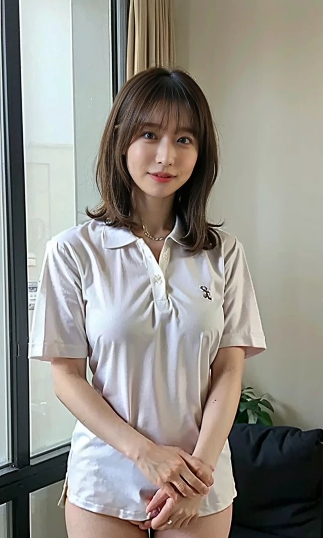 Sailor suit、.(((Pantyhose w.Medium Short Hair、Shoulder-length hair:1.4))).((A luxurious navy blue shirt with a navy blue collar、Standing photo、Medium Hair、服の上からでもわかるBig Breasts、Both hands are in front of the belly button、A photo of panties visible through a short polo shirt、Roll up your shirt with your hands、She is wearing a white polo shirt and luxurious white panties.、:1.4))、In the living room、Cream Hair Color、Her huge breasts are obvious even through her clothes...、Small earrings、Light brown hair color、:1.4))、Shiny Hair、Light beige hair color、Background Blur、Light brown hair、{{Cowgirl Shot}}、((Close-up shot from the waist up、Big Breasts:1.4))、Big Breasts、にっこりsmile、服からでも分かるBig Breasts、Cowboy Shot、素敵なsmile、((Revealing clothing))、Full body photo、ring、Tuck your hair behind one ear、Silver Necklace、smile、Caustics、Highly detailed photos、Big Breasts、Super no makeup、(8K、RAW Photos、Highest quality、masterpiece:1.2)、(Realistic、Realistic)、1 Girl、((Big Breastsショートヘア、Looking into the camera:1.4))、Hair blowing in the wind