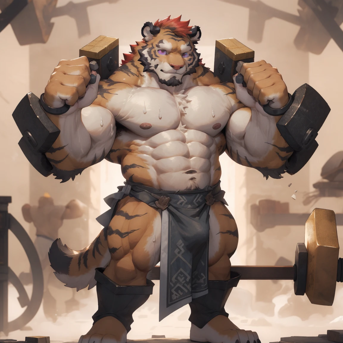 masterpiece, best quality, 8k resolution, Very detailed, hairy,tiger,((red hair)),muscle,Strong,超大muscle,((Sweating)),(((Purple pupils))),For the audience,(((blacksmith铺))),portrait,(((Shirtless))),(Highest quality scene),(((crotch cloth))),(((blacksmith))),(((Blushing))),(((Hip bulge))),(((Ultra clear eyes)),(((Iron))),((Solitary)),((whole body)),(((Hammer in hand))),(((Standing))),((Mature)),(((Uncle))),(((Orange fur))),((Shame)),(((Standing picture)))