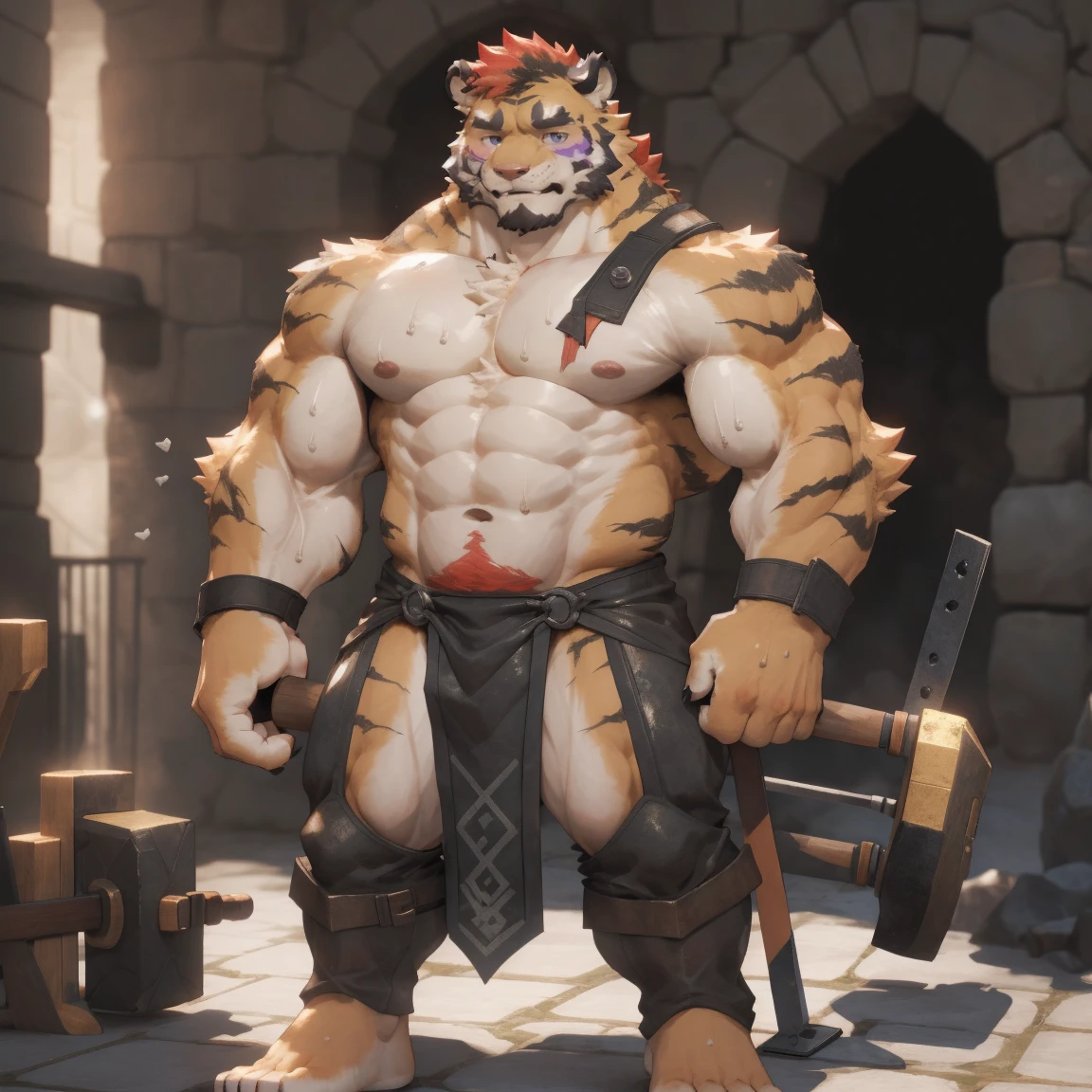 masterpiece, best quality, 8k resolution, Very detailed, hairy,tiger,((red hair)),muscle,Strong,超大muscle,((Sweating)),(((Purple pupils))),For the audience,(((blacksmith铺))),portrait,(((Shirtless))),(Highest quality scene),(((crotch cloth))),(((blacksmith))),(((Blushing))),(((Hip bulge))),(((Ultra clear eyes)),(((Iron))),((Solitary)),((whole body)),(((Hammer in hand))),(((Standing))),((Mature)),(((Uncle))),(((Orange fur))),((Shame)),(((Standing picture)))