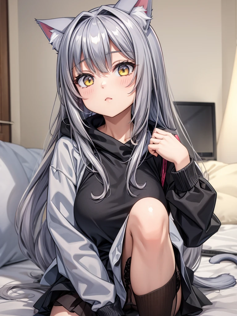 One girl, That will happen, View your viewers, Gray Hair, there is nothing, Cat ear, Cat&#39;s Tail, White shirt, Open clothes, Russian cities, ba-shiroko, Breast milk