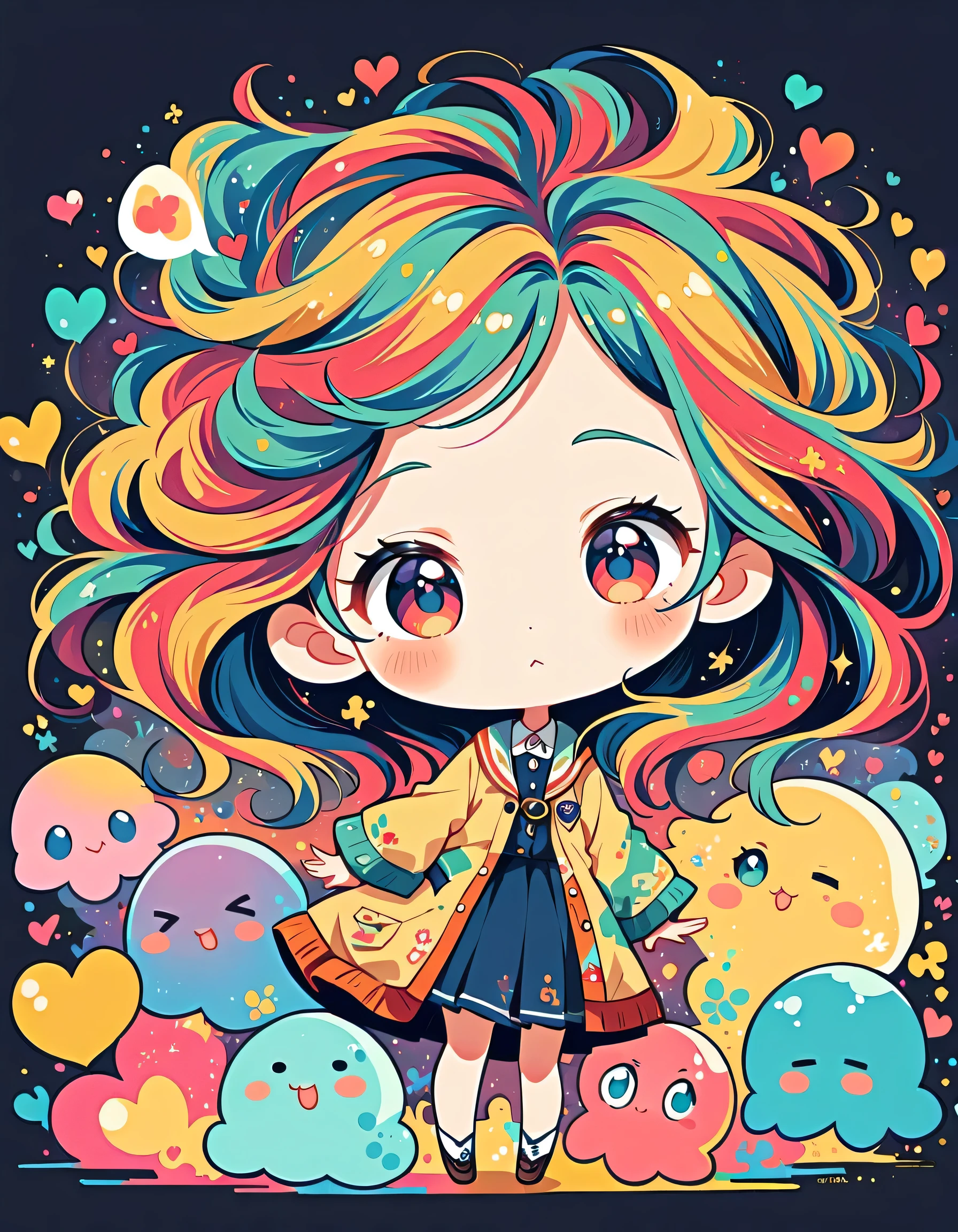 Mai Yoneyama style, Simple Line Initialism,Abstract art,Urban Background, colorful hearts ,(((The most beautiful girl of all time))), (((chibi))), (((Cute amoeba))), school room