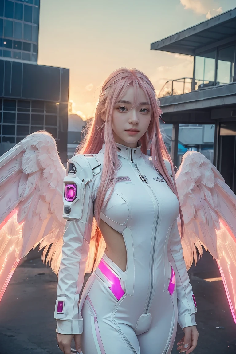 ((masterpiece, best quality, extremely detailed), volumetric lighting, ambient occlusion, colorful, glowing),
1girl, solo, young girl, (pink hair), long hair, halo, aura, sacred, godness, cyber suit, (white outfit:1.3), android, bot, angel wings,
outdoors, sunset, sky, clouds, space, (cyberpunk theme:1.2),