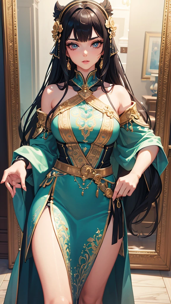 a highly detailed 3d render of a vtuber model, a girl standing straight facing a mirror, beautiful detailed eyes, beautiful detailed lips, extremely detailed face and hair, long eyelashes, delicate facial features, looking directly at the camera, smooth skin, wearing a colorful intricate costume with detailed textures, complex accessories, dynamic lighting, vibrant colors, cinematic composition, (best quality,4k,8k,highres,masterpiece:1.2),ultra-detailed,HDR, vtuber model