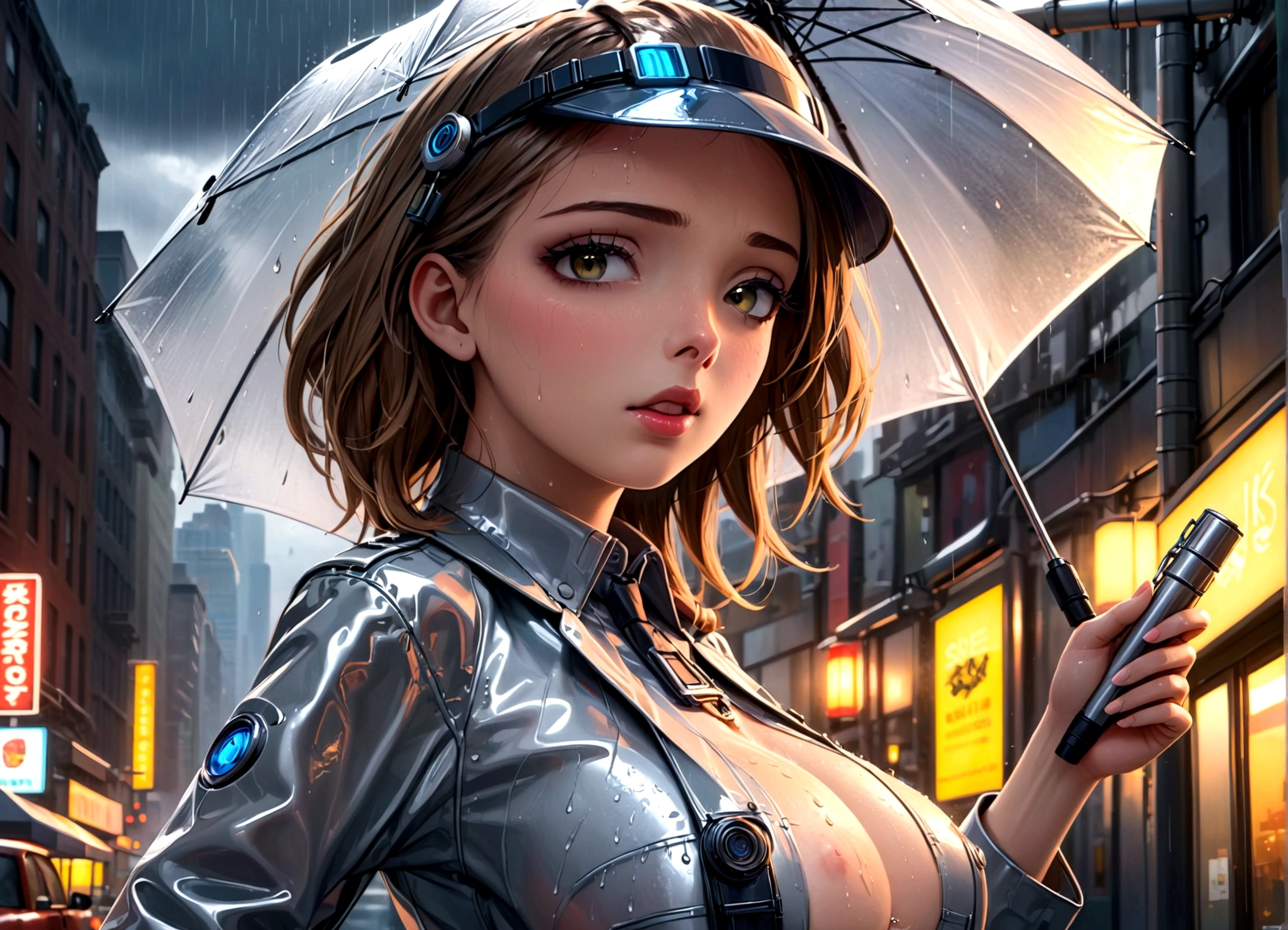 Girl in the Rain, (nsfw:1.1), masterpiece, high quality, exquisite wallpaper, 16k, animation, illustration, (back view :1.3), (people coming and going :1.4), (busy street :1.5), night, light, under the street lamp, on the road, rainy day, perfect human body, detailed face, loli, (solo), ((1girl)), long hair waist length, (long black hair :1.3), beautiful blue eyes, \(pink star hairpin \), (ahoge), (blunt bangs), happy expression, smile, (transparent raincoat :1.5), black over-the-knee socks, (erotic underwear :1.2), high heels, (facial:1.5), pussy_juice, (v), (kneeling on the ground), thin, sexy, (medium breasts), (loli figure), medium height, busy street, city at night,UNDERWEAR