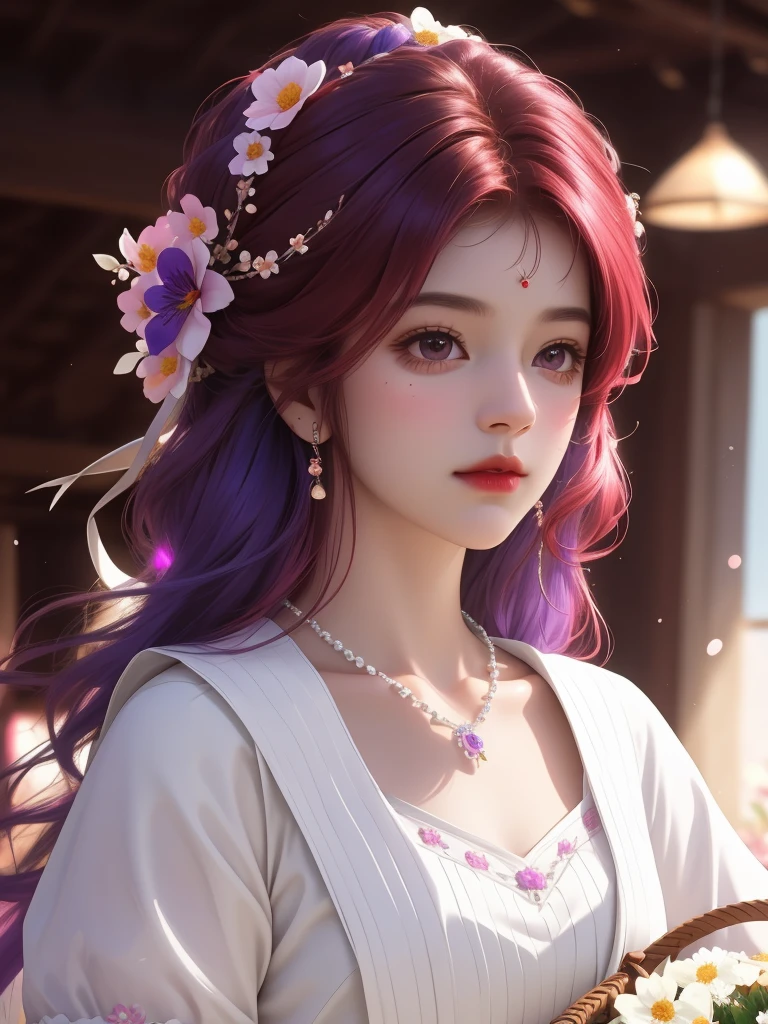 best quality, masterpiece, High target, There is a girl with a basket of flowers on her head, beautiful clothes, Hair Decorationss, necklace, Decorations, Pretty Face, When the body, Tyndall effect, Realistic Portraits, Edge lighting, Two-color light, (Very delicate skin:1.2), 8K uhd, Digital SLR Camera, Soft Light, high quality, Volumetric Lighting, Honest, photo, high resolution, 4K, 8K, Bokeh, Red Hair,purple hair ends,cartoon.