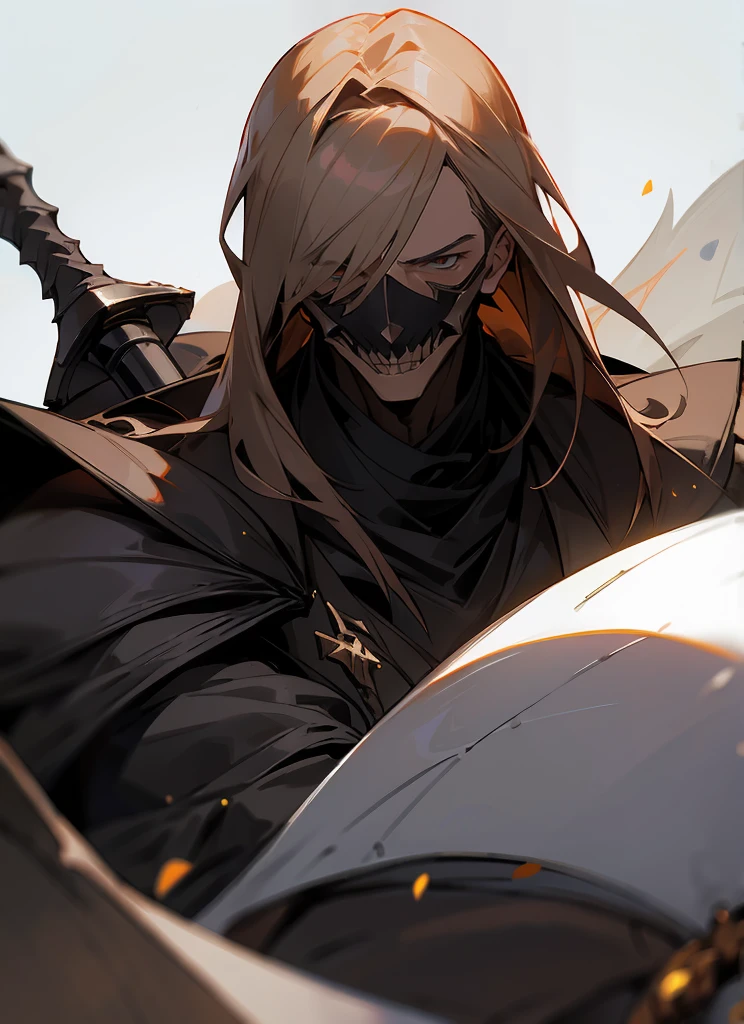 1 , handsome fashion hair,bronze hair highlightwhite, fanstasy, smile face, male ,fantasy, reaper, hunter with blackshortsword, villian face, black armor , darkness wolrd, bad