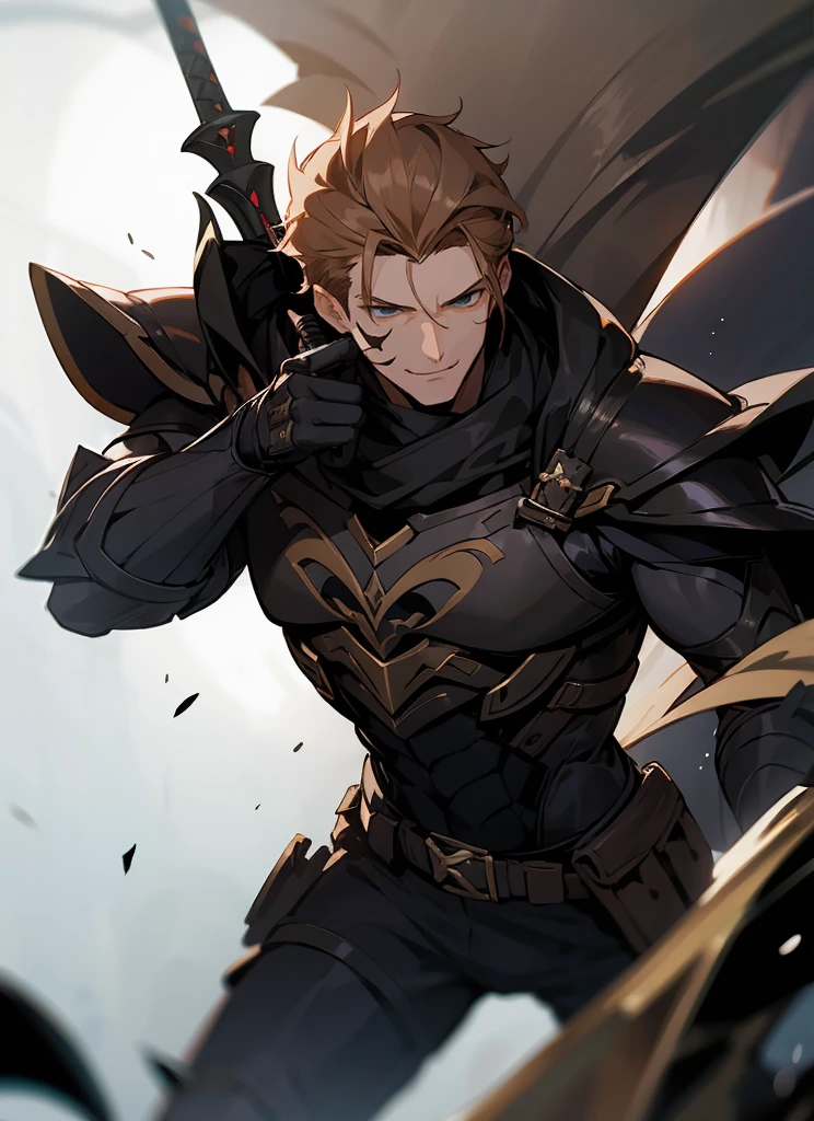 1 , handsome fashion hair,bronze hair highlightwhite, fanstasy, smile face, male ,fantasy, reaper, hunter with blackshortsword, villian face, black armor , darkness wolrd, bad