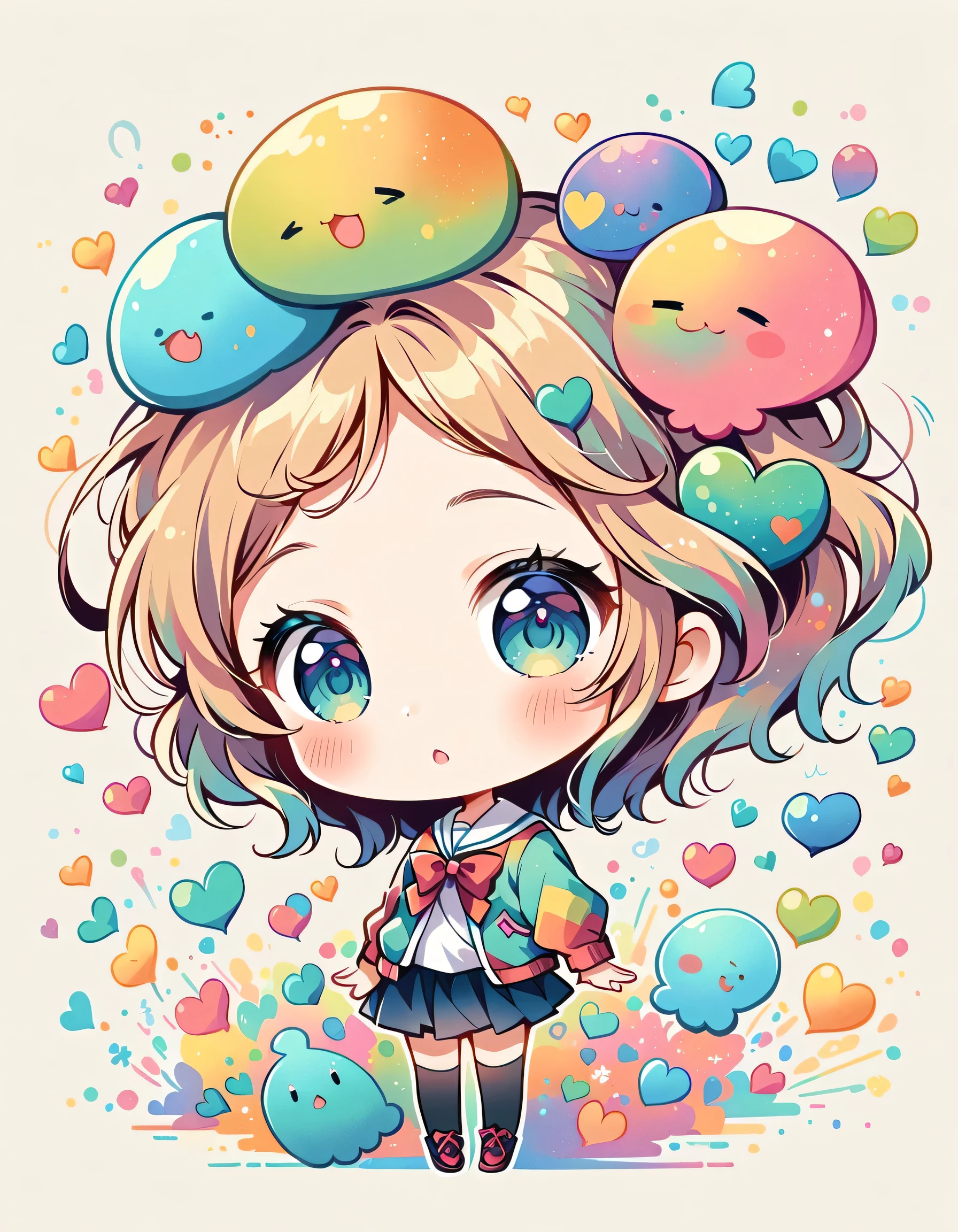 Mai Yoneyama style, Simple Line Initialism,Abstract art,Urban Background, colorful hearts ,(((The most beautiful girl of all time))), (((chibi))), (((Cute amoeba))), school room