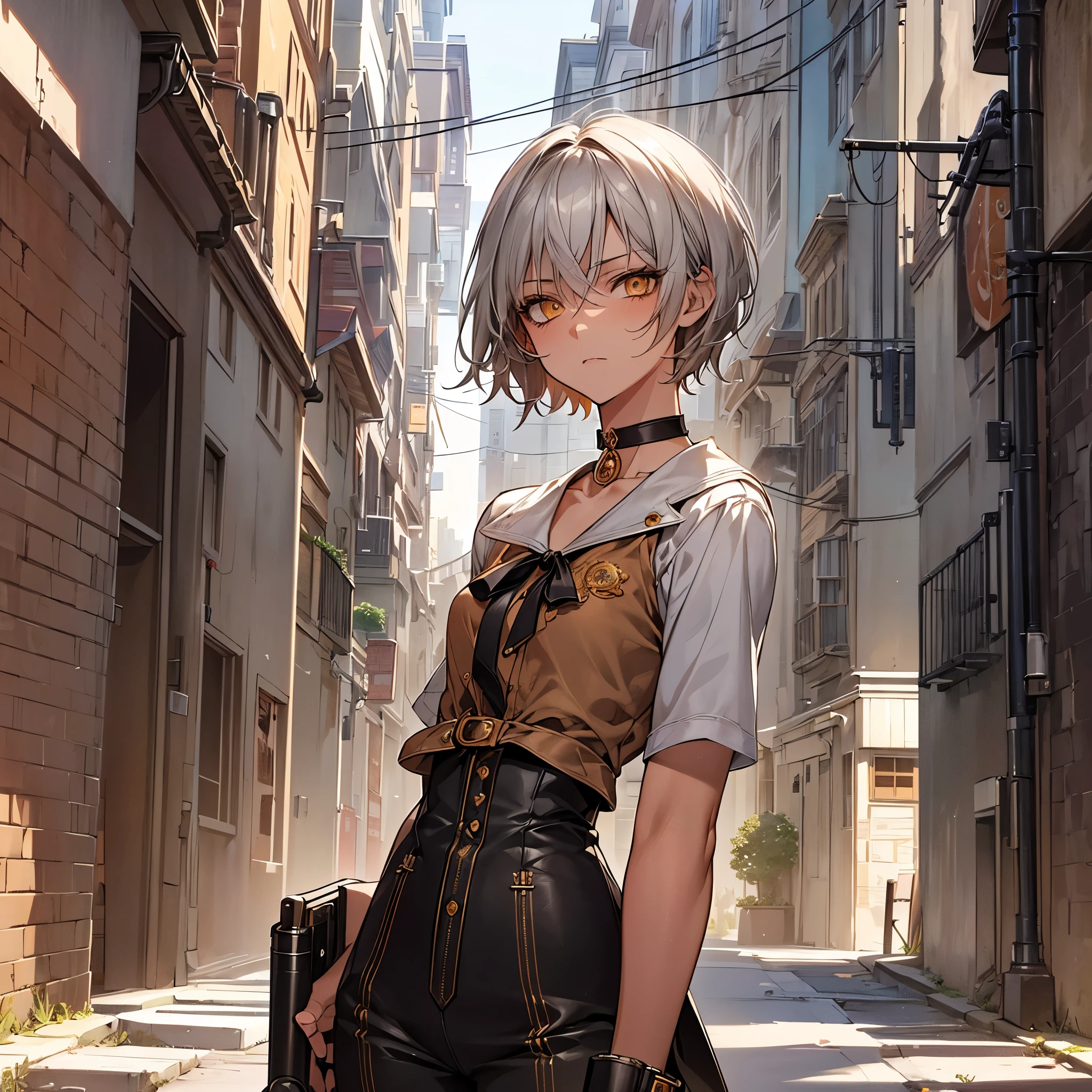masterpiece, Highest quality, Perfect Face, Highest Resolution, Highest quality,Detailed depiction of the eyes, 1 girl, young, slender body, Short, deep tan skin, slate gray hair, short hair, upturned eyes, Yellow Orange eyes, Perfect Anatomy, steampunk, ribbon choker, Work clothes, Pistol, Ready your gun?, take aim, city, alley,