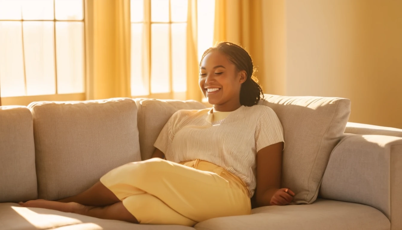 a woman sitting on a couch with her eyes closed and smiling, she is in pure bliss, relaxing on a couch, relaxing and smiling at camera, golden hour sunlight, radiant morning light, relaxing on the couch, smiling young woman, relaxed expression, morning golden hour, smiling woman, african american young woman, afternoon sunlight, golden hour sun, relaxed. gold background