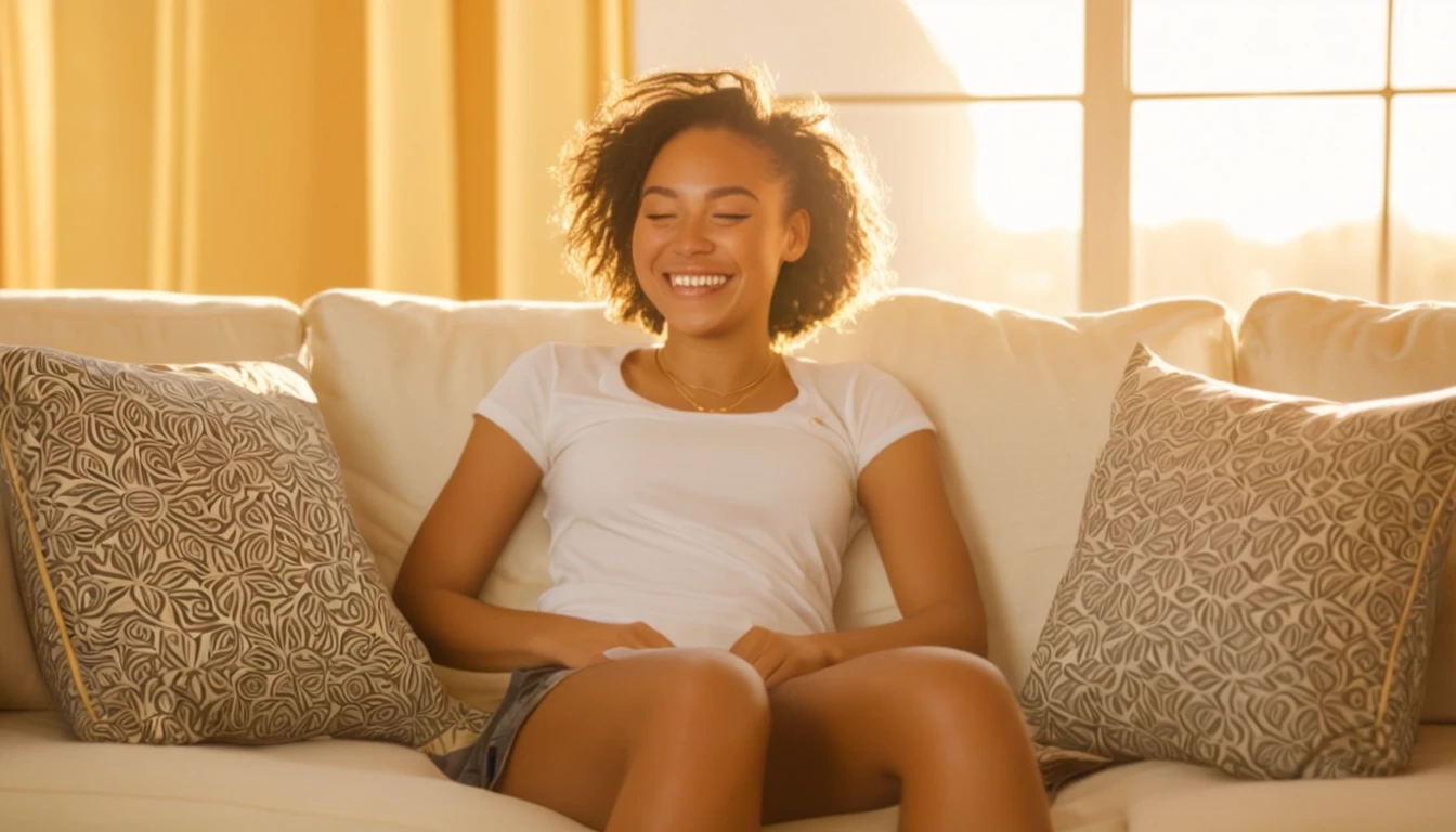 a woman sitting on a couch with her eyes closed and smiling, she is in pure bliss, relaxing on a couch, relaxing and smiling at camera, golden hour sunlight, radiant morning light, relaxing on the couch, smiling young woman, relaxed expression, morning golden hour, smiling woman, african american young woman, afternoon sunlight, golden hour sun, relaxed. gold background