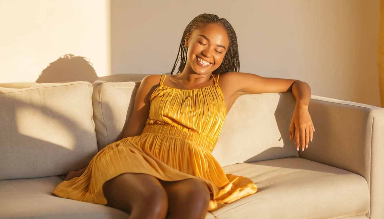 a woman sitting on a couch with her eyes closed and smiling, she is in pure bliss, relaxing on a couch, relaxing and smiling at camera, golden hour sunlight, radiant morning light, relaxing on the couch, smiling young woman, relaxed expression, morning golden hour, smiling woman, african american young woman, afternoon sunlight, golden hour sun, relaxed. gold background