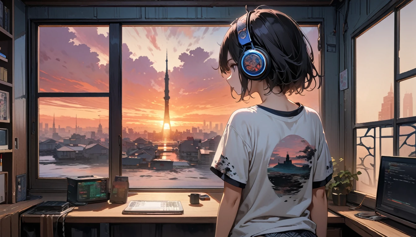 ((8k of extremely detailed CG unit, Masterpiece, high resolution, highest quality, highest quality real texture skin)), (((shoot from behind))), (wearing Japanese pattern headphones), ((1 girl)), ((Tower apartment)), ((Computer operation)), ((Sunset beach from the big window)), (Japanese pattern Tシャツ), (Black hair, messy hair, beige skin), (surreal, digital painting)