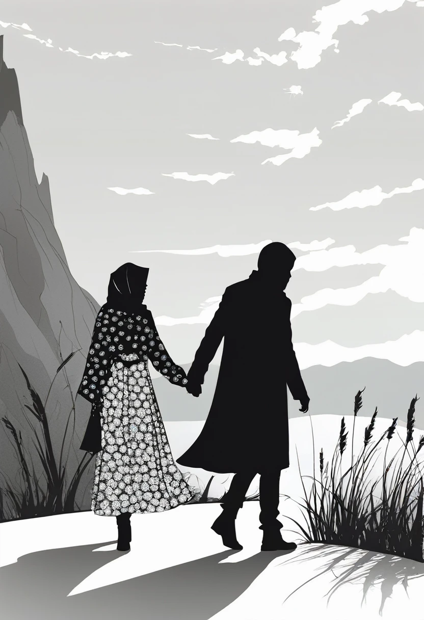 black silhouette, hijab woman holding hand with man, romantic, manga style,
