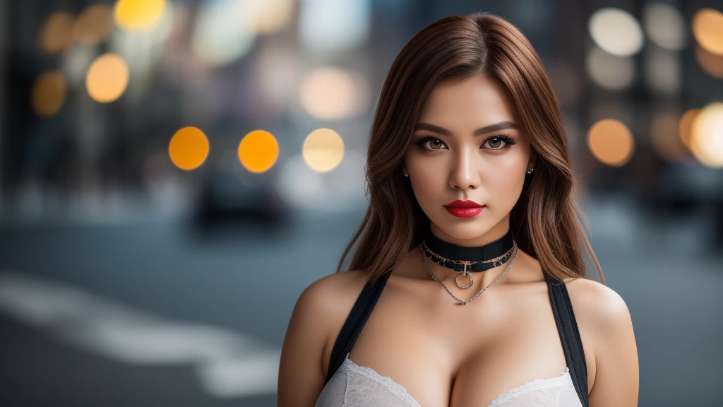 tmasterpiece,best qualtiy,hdr, hyper HD, 8K,Bokeh,Ultra-fine painting,Sharp focus,Physically-based rendering,Extreme detail description, half-body photo，looking at viewer, choker, dark eyeshadow:1.5, (red lipstick:0.9), (big breasts:1.3), (EOS R8, 50 millimeters, F1.2, 8K, RAW photo:1.2)
