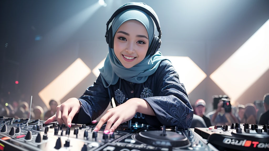 (ultra - detailed, 16K resolution, Cinema lenses, rendering by octane), (high resolution:1.18), intricate detail, (masterpiece:1.1), (highest quality:1.1), (1girl, portrait, white hijab, blue eyes, detailed eyes),Wearing hijab DJ headphones, wearing batik kebaya jawa, wearing muslim cloth, Smile while DJing on stage, full body shot of, The spotlight shines on the female DJ. Photorealistic photography by Disco Lighting, (cute round face:1.3), perfect fingers, five fingers, beautiful hands, perfect hands. master peace, cute smile.