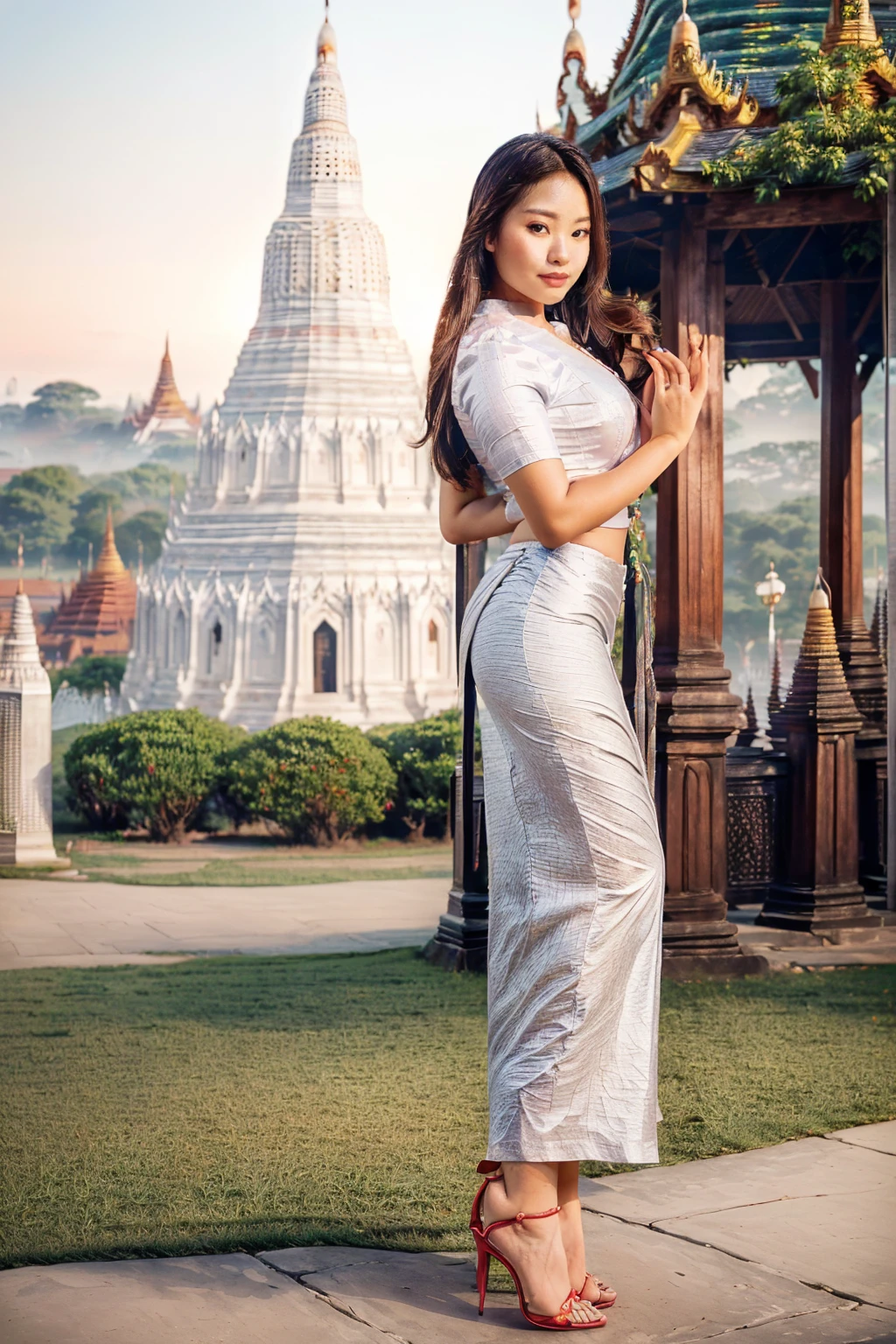 arafed asian woman in a satin dress standing in front of a crowd, (((full body view:2))), ((pretty lady MoonLay)), (pretty lady MoonLay), ((((pretty lady MoonLay's innocent cute face and cute small smile)))), ((perfect pose for photography:1.4)), ((wearing Myanmar traditional elegant and stylish white and red affair:1.2)), ((super curvy and wide buttock)), ((white top dress:1.4)), ((red satin long skirt:1.5)), ((blue sandal high heel)), south east asian with square face, traditional beauty, beautiful asian girl, anime thai girl, a young beautiful asian woman, (((photorealistic background))), ((cinematic background, in a beautiful park with Myanmar temple and pagoda at far background:1.5)), (((evening lighting with golden sunlight1.5))), (cinematic enhance HDR portrait lighting, perfect anatomy, cannon mark v, DSLR quality, (perfect anatomy), (perfect toes), (perfect hands), (detailed hands), (perfect toes), (detailed toes), (perfect high heel), (normal length legs),