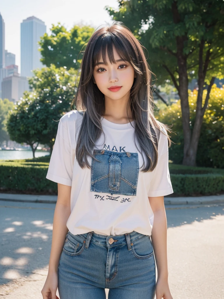 One girl,Beautiful Model , Instagram (photoRealistic, High resolution:1.4), ((Puffy eyes)), View your viewers, , whole body (8K, RAW Photos, Highest quality, masterpiece:1.2), (Realistic, photo-Realistic:1.37),(Sharp focus:1.2), Professional Lighting, Photon Mapping, Radio City, Physically Based Rendering, (Realistic skin:1.2),( ), View your viewers, (Mid-length hair:1.5),, Purple eyes, (Silver Hair:1.1),bangs, (Park Background:1.4), alone, Realistic,(masterpiece:1.4),(Highest quality:1.4),(Shiny skin),Fashionable Girl,compensate,smile(skinny,Mouth closed,shy :1.3) , shoulder,Full Color:1.1),whole bodyショット,T-Shirts ,jeans,Medium Bust,Sexy pose ,
