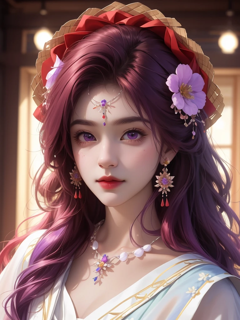 best quality, masterpiece, High target, There is a girl with a basket of flowers on her head, beautiful clothes, Hair Decorationss, necklace, Decorations, Pretty Face, When the body, Tyndall effect, Realistic Portraits, Edge lighting, Two-color light, (Very delicate skin:1.2), 8K uhd, Digital SLR Camera, Soft Light, high quality, Volumetric Lighting, Honest, photo, high resolution, 4K, 8K, Bokeh, Red Hair,purple hair ends,cartoon.