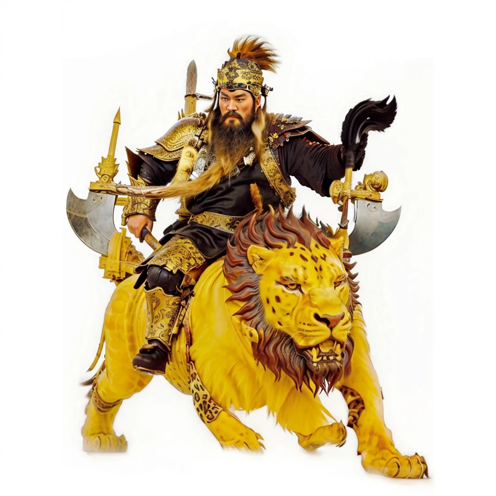 a wild beard ancient chinese warrior with armour holding 2 axes, riding on a lion looked monster, black robe,Gourd on the back,tusk on the lion, leopard skin,