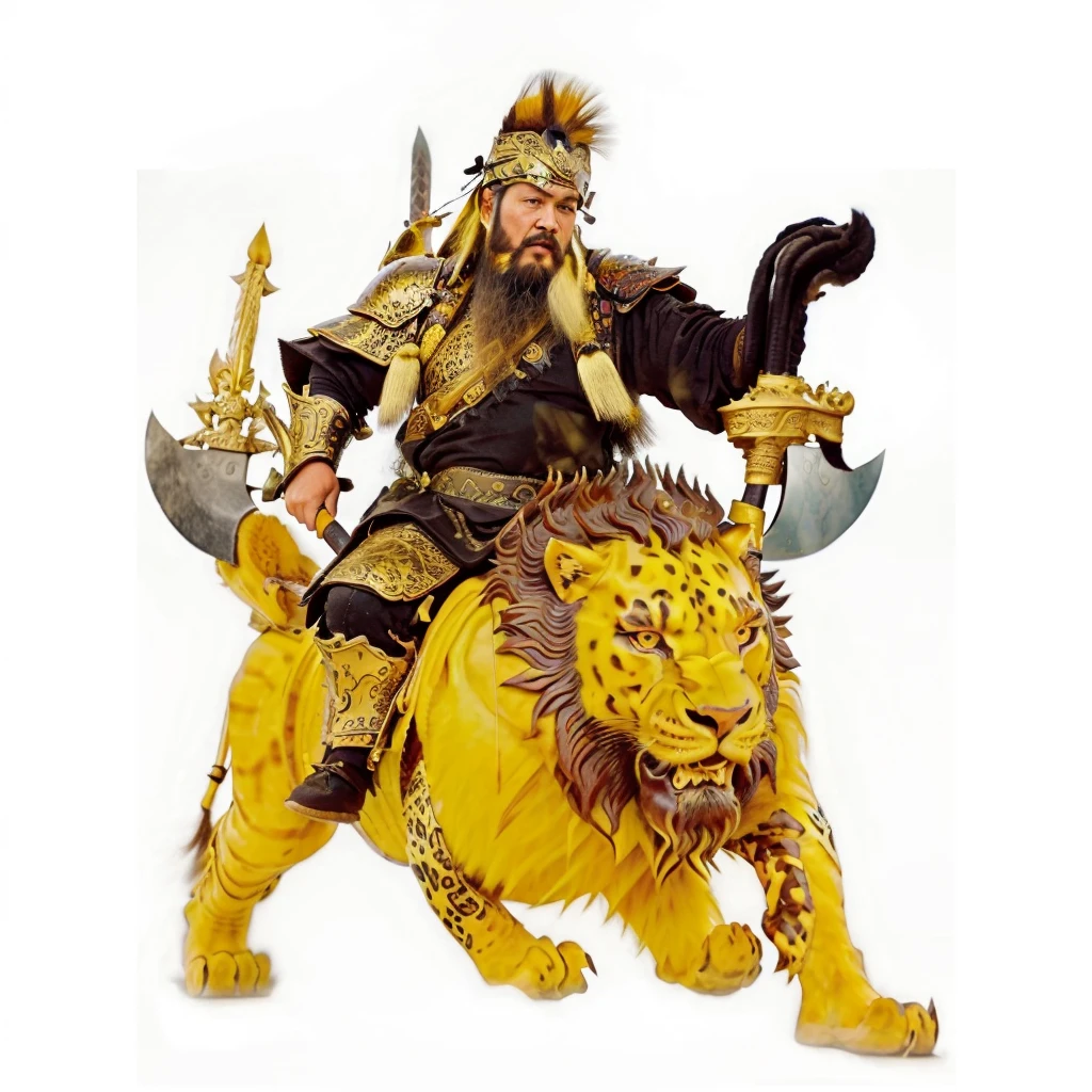 a wild beard ancient chinese warrior with armour holding 2 axes, riding on a lion looked monster, black robe,Gourd on the back,tusk on the lion, leopard skin,