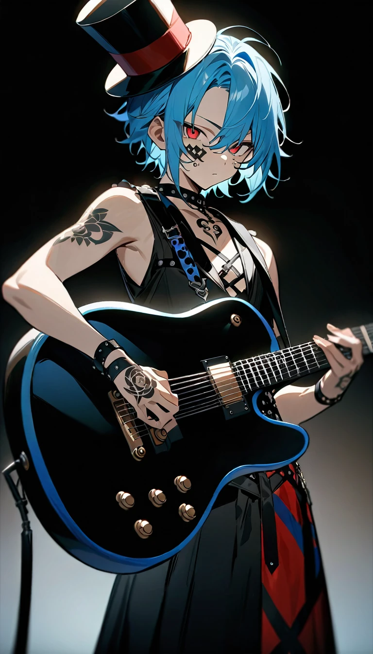 (((masterpiece,Highest quality))),((A male anime character with long blue hair and red eyes wearing a visual kei outfit and holding a guitar)),((Steampunk-style electric guitar)),((Standing with an electric guitar)),(((Small top hat,Tattoo on the right side of the face))),(((Black Background))),Focus on the whole body,(high quality),アニメ