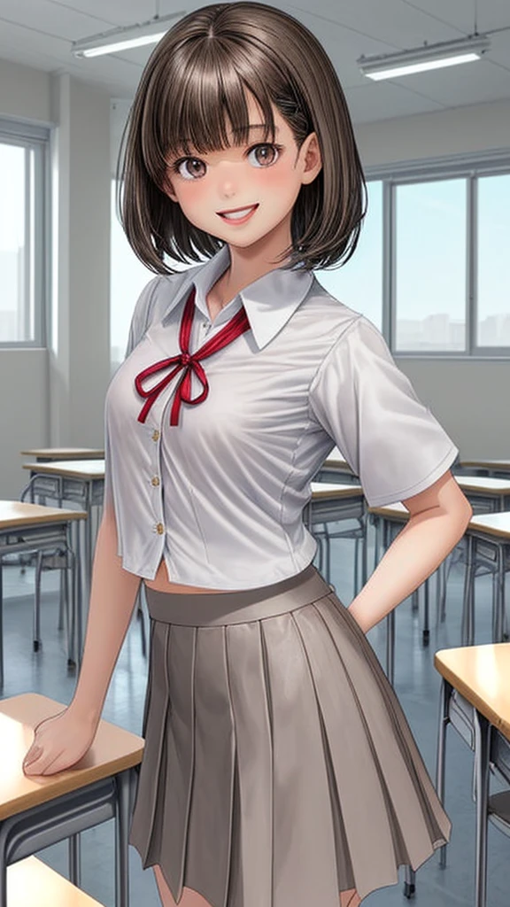 masterpiece, best quality people, Excellent_Mikoto, with brown eyes, short_hair,Top Quality Misaka Mikoto School High School Uniform Sweat Sheer White Shirt Beige Bra Tiny Sexy Skirt Flipping Angry Sweat Wet Messy Clothes Ripped Clothes