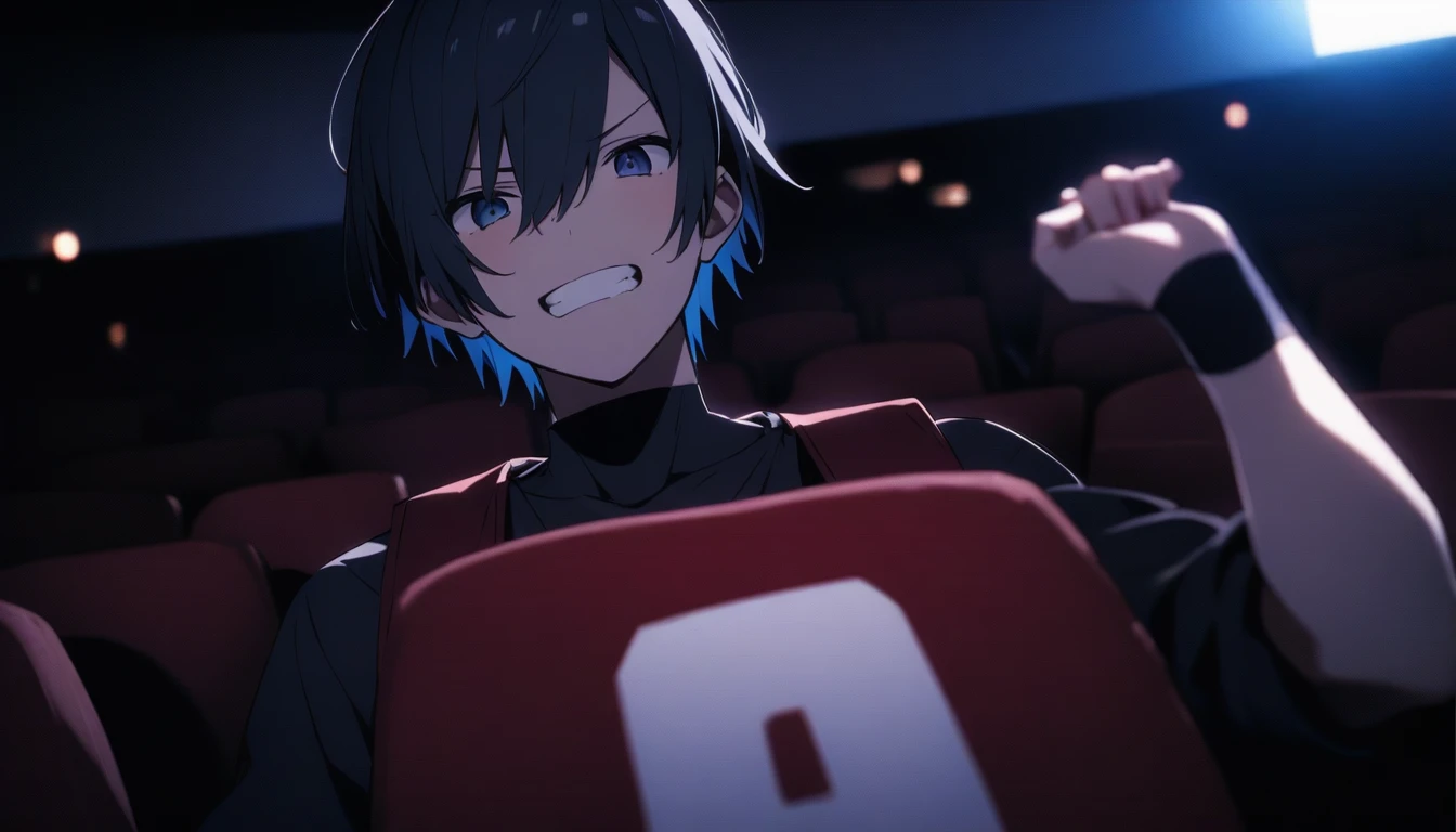  Ninja、movie theatreでポップコーンを食べている、I&#39;m surprised at the movie、Double teeth、Big Eyes、Movie viewing、movie theatre、Dynamic Angles、movie theatreで1人で映画、Exposed armpits and chest、(masterpiece, best quality:1.2), 1girl, 独奏,Wolf girl, fox mask, ninja, girl, long white hair, odd eyes, blue kimono, ninja girl, red and blue scarf, light coming in, fantastic atmosphere.night、Shadows of light and darkness、Eyes glowing in the dark、Black fox mask
