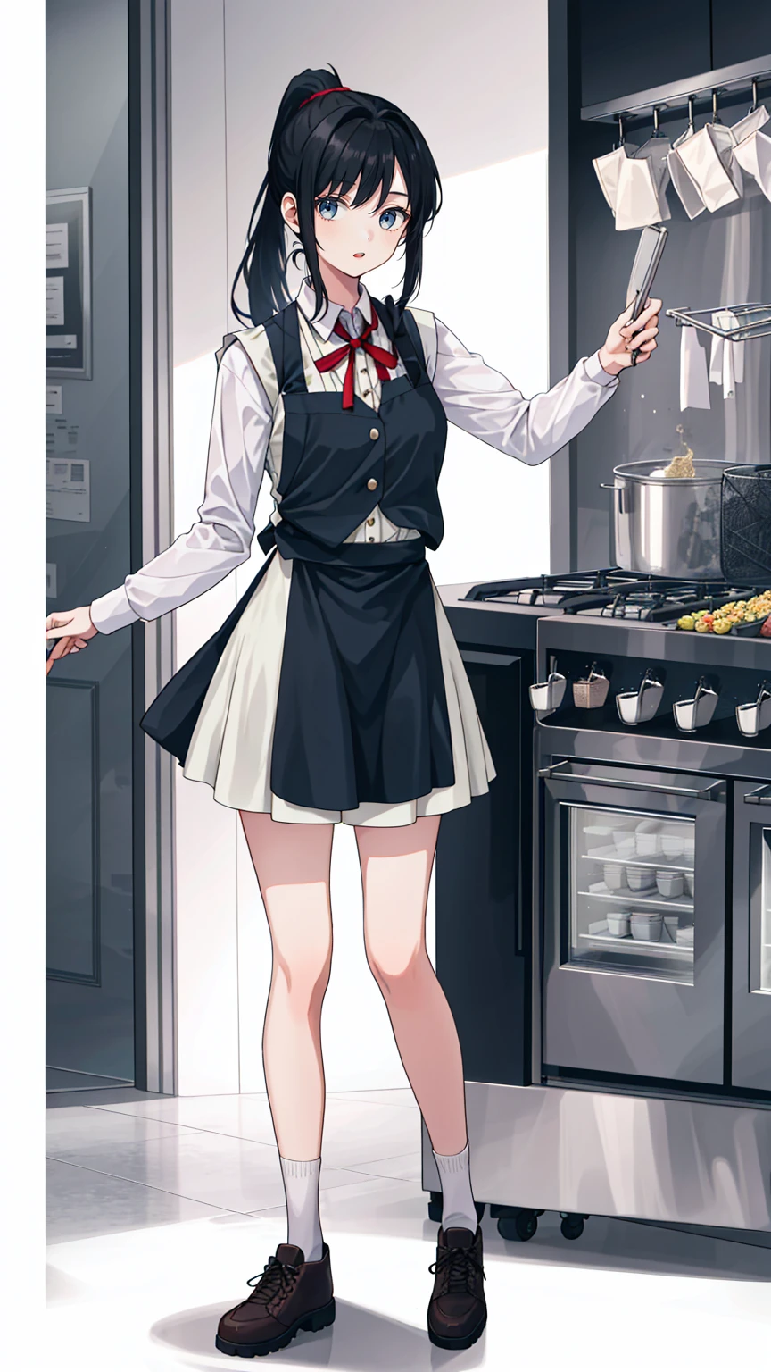 1 girl, 20 years old, full body, waistcoat, ponytail, black hair, standing, apron,