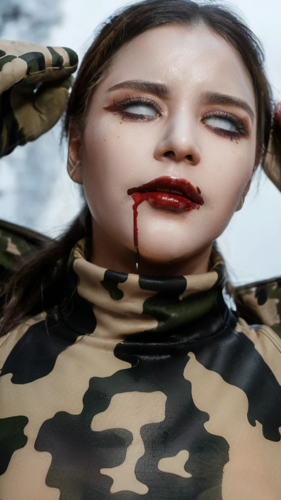 (Best image quality, Great details, Ultra-high resolution, (realism:1.4), ((Cowboy Shot:0.75)), Best illustrations, Favorite Details, High concentration per woman, Beautiful and delicate face, Perfect proportions, ((From above)), ((Look up, Staring at the ceiling, Please open your mouth wide)), (((White eyes))), (So beautiful:0.3, Large Breasts), (((Wear a camouflage combat gear, I like Armed Forces of the Russian Federation uniforms, Military Harness))), captain, Russian female soldier wearing Armed Forces of the Russian Federation camouflage combat gear lying in the center of the Russian permafrost, frozen combat uniform, combat uniform covered in snow and ice, blood stained combat uniform, camouflage pattern gloves, long silver hair, frozen hair, white eyes, large amount snow and ice, large amount of blood, blue white skin, hands on chest, take on oath of allegiance, purple discolored lips, bloody mouth, frostbite, muscular body, tattoos, state-of-the-art Armed Forces of the Russian Federation equipment, infantry, war, front lines of battle, Russian permafrost, Moscow, day, winter, harsh environment, war dead, dead body, corpses, military cosplay, Вооруженные силы Российской Федерации, snow and ice ground/background,