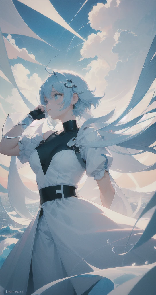 masterpiece, best quality, movie still, 1girl, floating in the sky, cloud girl, cloud, (close-up:1.1), bright, happy, fun, soft lighting, (Bauhaus, shapes, lines, abstract:1.1), Lio Fotia, Trap