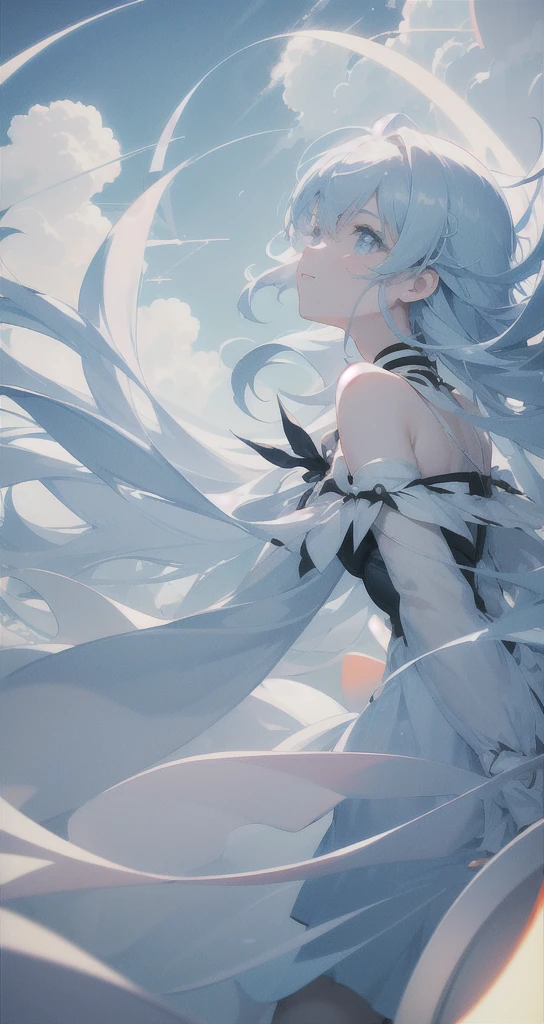 masterpiece, best quality, movie still, 1girl, floating in the sky, cloud girl, cloud, (close-up:1.1), bright, happy, fun, soft lighting, (Bauhaus, shapes, lines, abstract:1.1), Lio Fotia, Trap