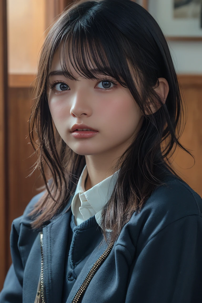 ((Upper Body))、(masterpiece:1.3), High resolution, Very detailed, Very detailed CG Unity 8k 壁紙, Realistic, photo-Realistic, RAW Photos, Beautifully detailed face, Pale skin, Realistic glistening skin, Detailed cloth texture, Detailed hair texture, Perfect Style, Beautiful Face, Accurate, Anatomically correct, Very detailed顔と肌の質感, fine grain, Brown eyes, double eyelid, 1girl, short hair, black hair, bangs, indoors, sitting, green sweater, looking away, blush